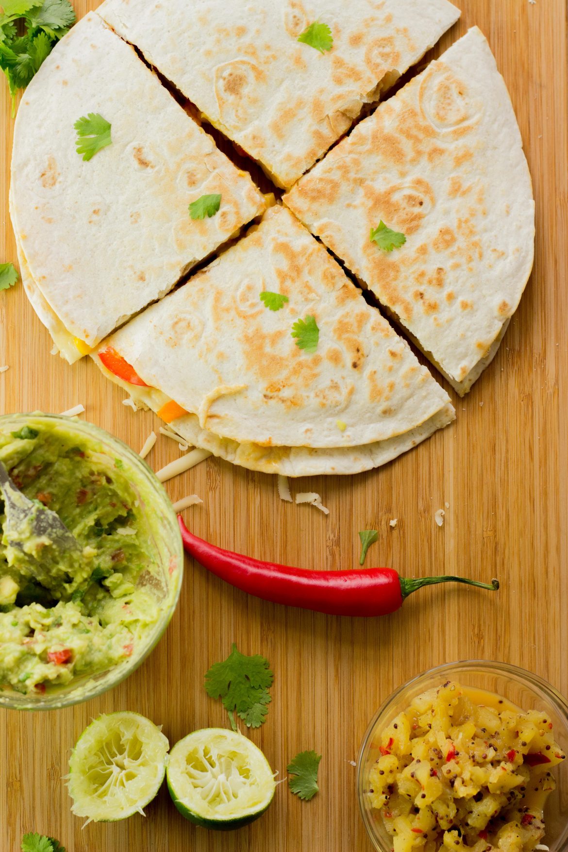 Quesadillas with Chicken, Pineapple Salsa and Guacamole